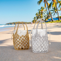 Sac seau de luxe en filet tressé à cordon, en macramé au crochet, avec fil doré/argenté, pour femme, idéal pour l'été et la plage