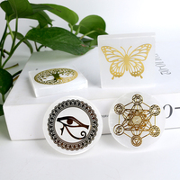 Vente en gros de plaques de sélénite en forme d'arbre de vie, dorées et peintes, rondes et carrées, pour la décoration