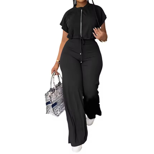 Women's <b>Summer</b> 2-Piece Set Loose-Fitting Knitting Fabric Casual Style Top and <b>Pants</b> With Stand Collar - Product Image 2