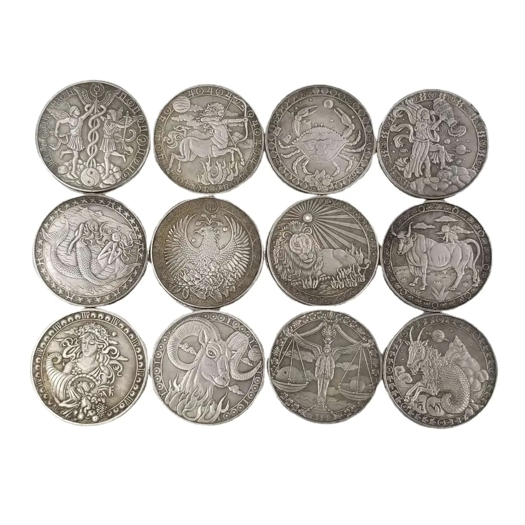 BRASS 12 Horoscope metal gold antique silver plated souvenir twelve sun constellation zodiac coin