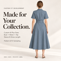 Robe utilitaire sur mesure pour femme avec ceinture, boucle dissimulée, patte de boutonnage cachée, poche poitrine, en sergé de coton, longueur midi, style workwear, marque privée
