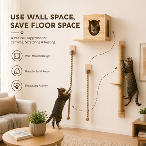 Árbol para gatos de madera maciza montado en la pared, 2 niveles, poste rascador de sisal, estructura para trepar, para espacios pequeños, parque de actividades para mascotas - Product Image 1