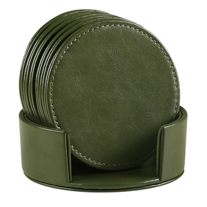 Juego de Posavasos Redondos de Cuero Sintético Verde con Logotipo Personalizado, Posavasos de Cuero PU <span class=keywords><strong>para</strong></span> Té, Cerveza, Café y Bebidas con Soporte - Product Image 2