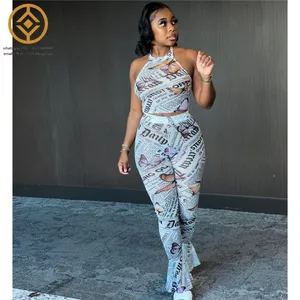 H9142S 2023 New Fashion new printed tight flared trouser foot two-piece set