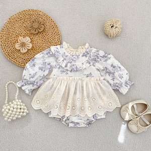 <span class=keywords><strong>Combinaison</strong></span> en coton pour bébé <span class=keywords><strong>fille</strong></span>, style occidental, avec dentelle florale, boutons dissimulés, nouvelle collection printemps-automne - Product Image 1