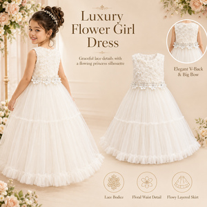Abito da Principessa in Tulle Bianco <span class=keywords><strong>per</strong></span> Ragazze 8-16 Anni Vestito da <span class=keywords><strong>Damigella</strong></span> <span class=keywords><strong>per</strong></span> Feste con Ricami in Pizzo Fiocco sulla Schiena Abito da Cerimonia Vaporoso - Product Image 1