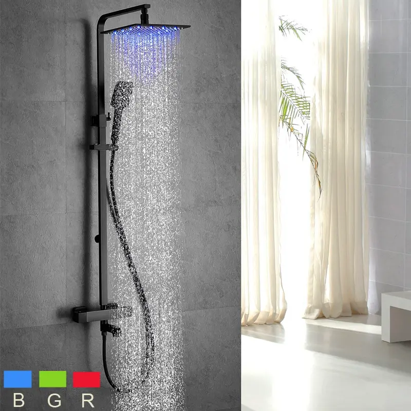 LED Exposed Shower Kran Set Kamar Mandi Shower Kit 10 Inch Persegi Hujan Shower Tub Bak Mandi/Katup Pencampuran Termostatik