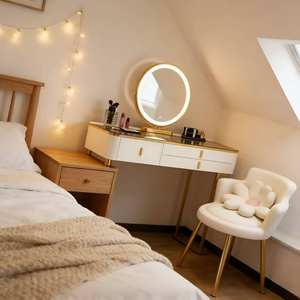 Vente flash, coiffeuse de luxe légère, cadre doré, tabouret à fleurs, ensemble de coiffeuse, miroir LED, tiroirs de rangement pour la chambre à coucher - Product Image 2