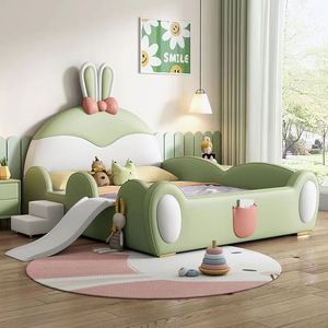 <b>Pink</b> Cartoon Rabbit Princess Slide Bed Solid Wood <b>Frame</b> Cotton Upholstery Guardrail Fun Slide Kids Bedroom - Product Image 4