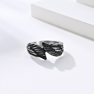 Unique vintage distressed wing guardian angel wings titanium steel <b>ring</b> for men and women, unisex <b>couple</b> jewelry. - Product Image 3