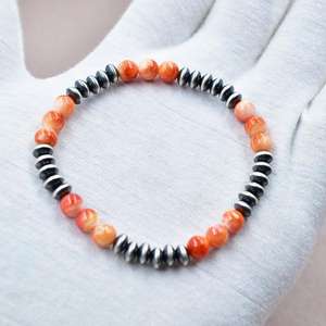 Bracelet extensible fait main en argent sterling, perles et turquoise d'huître épineuse orange - Product Image 3