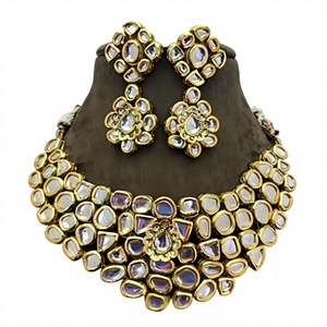 Conjunto de Collar y Pendientes de Moissanita Chapados en Oro Premium con Acabado Kundan, Cadena Larga para Mujer, Estilo Étnico Tradicional para Fiesta de Compromiso - Product Image 2
