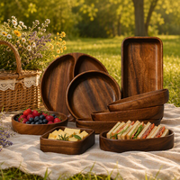 Plateau de service ovale en bois d'acacia à double compartiment, 21 cm, pour salade, fruits, en-cas, vaisselle japonaise en bois massif