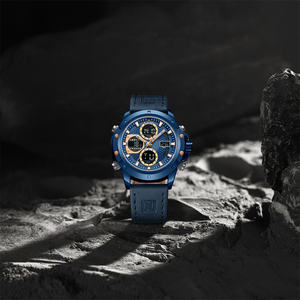 NAVIFORCE 9225 BEBEBE Montre à quartz pour homme en cuir véritable bleu, grand cadran, sport, aiguilles lumineuses, montre-bracelet étanche - Product Image 5