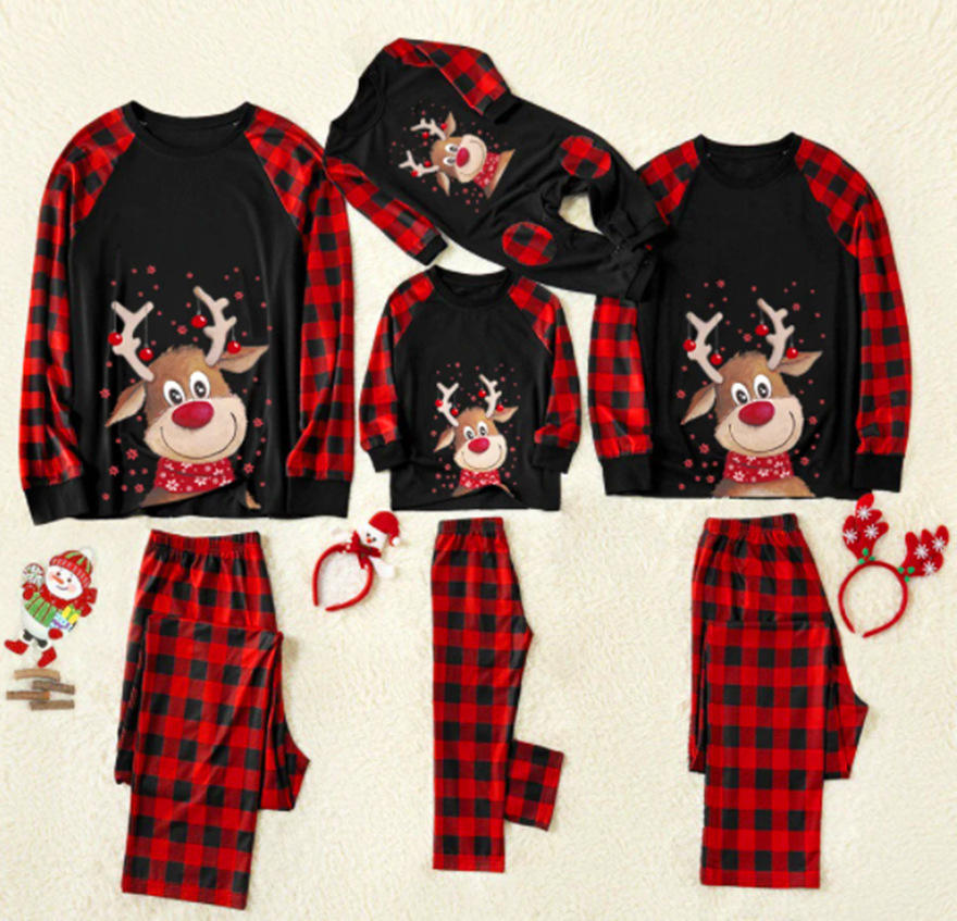 Custom Family Christmas Pjs Matching Sets Plaid Reindeer Elk Christmas Pajamas Women Men Boys Girls Kids Baby Loungewear Cotton 