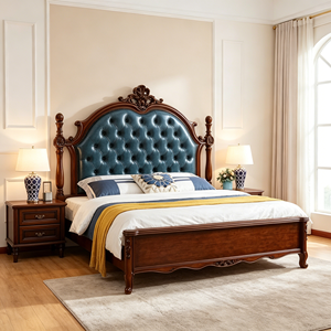 Traditional Queen Size Wooden Bed with Blue Tufted Faux Leather Upholstery and Carved Frame - Product Image 1