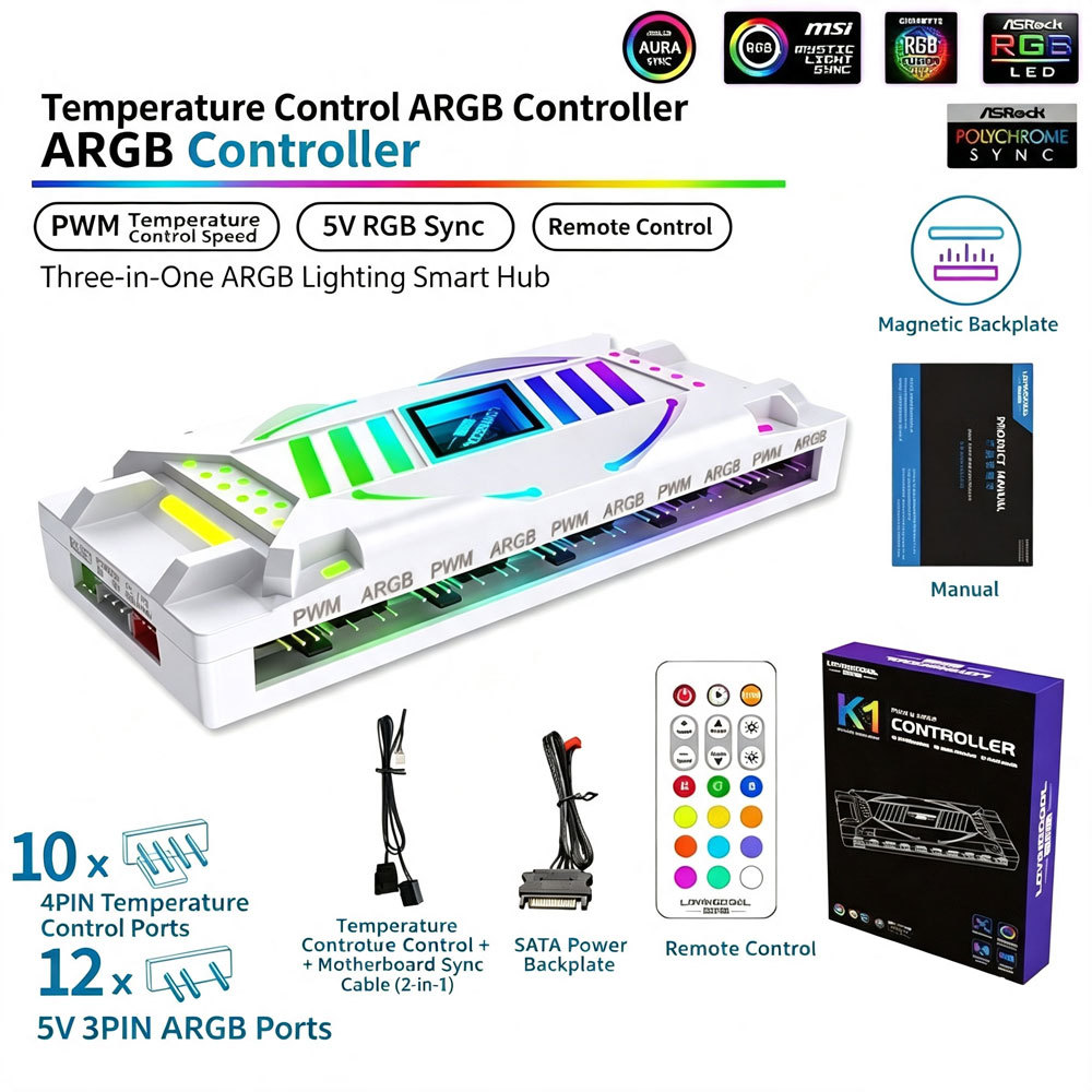 White 5v three-pin temp control argb controller