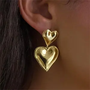 LQ Luxury 18k Gold Plated Stainless Steel Cute Double Heart earrings Drop Dangle Statement Earrings Smooth Love Earrings for Par