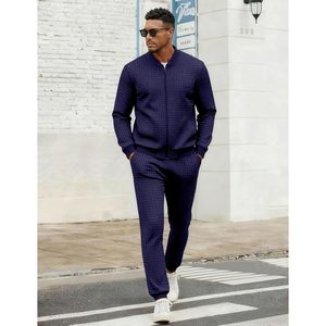 Ensemble de survêtement personnalisé pour homme, 2 pièces, avec fermeture éclair intégrale, en jacquard gaufré à carreaux, tenue décontractée de sport et de jogging, poids moyen, respirant - Product Image 3