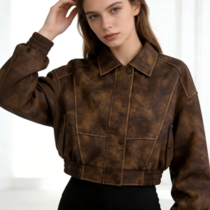 Retro <strong>Brown</strong> Women's <strong>Leather</strong> <strong>Jacket</strong> Short <strong>Brown</strong> <strong>Leather</strong> <strong>Jacket</strong> Environmentally Friendly Windproof <strong>Leather</strong> <strong>Jacket</strong> - Product Image 2