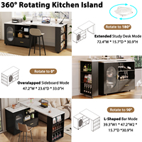 Îlot de cuisine compact avec extension pivotante, dessus blanc, porte vitrée, tiroirs de rangement, roulettes