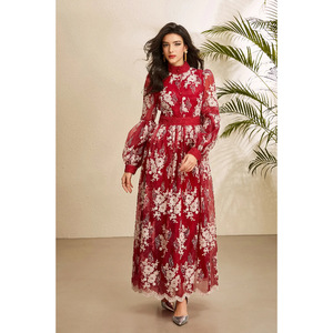 Vestido Largo de Encaje Floral de Alta Calidad para Mujer, Estilo Boutique, con Mangas Abullonadas y Cintura de Encaje, Ideal para Invitadas de Boda, Estilo Francés - Product Image 1
