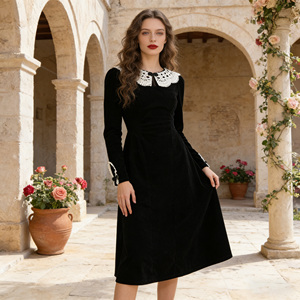 ZYHT 45421 Nuovi Arrivi Abito Midi Vintage da Donna Bianco con Pizzo Colletto Peter Pan <span class=keywords><strong>Maniche</strong></span> <span class=keywords><strong>Lunghe</strong></span> Elegante e Modesto <span class=keywords><strong>Vestito</strong></span> in <span class=keywords><strong>Velluto</strong></span> Nero - Product Image 1