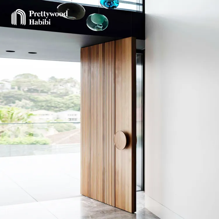 Prettywood Modern House Entrance Exterior Vertical Slats Design Solid Wooden Front Pivot Entry Door