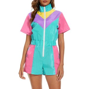 Combinaison coupe-vent une pièce color block pour femme, néon, manches courtes, fermeture éclair sur le devant, taille élastique, satin, séchage rapide, tenue de soirée - Product Image 1