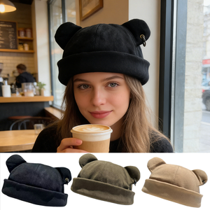 Cappello a Secchiello da Donna Nero in Poliestere Felpato Leggero e Caldo per Autunno Inverno, Stile Streetwear con Design di Orecchie di Animali - Product Image 1