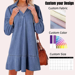 Robe de soirée pour femme, nouvelle collection, décontractée, col en V, manches trois-quarts bouffantes, longueur midi, en jean délavé clair, coupe droite - Product Image 1