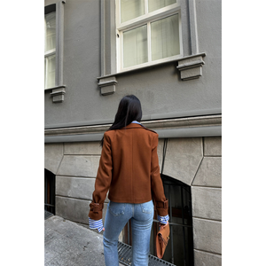 Chaqueta Blazer Corta de Cachemira Marrón de Manga Larga para Mujer, Abrigo Tejido de Otoño, Talla S - Product Image 1