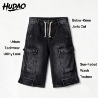 Hudao Jorts Décontractés Personnalisés de Haute Qualité pour Hommes, Style Streetwear, Jorts en Jean Extensible à Jambes Larges, Denim Délavé, Coupe Ample et Décontractée, Jorts Cargo
