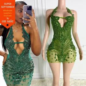 Ocstrade Vestido De Mulher Green Rhinestone Short Dresses Women Party Evening Sexy Hollow Out Birthday Club Dresses For Adults