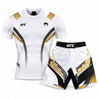 Ensemble de shorts de boxe MMA pour hommes adultes, blanc avec panneaux dorés, rashguard à séchage rapide, compression, sublimation, 100% polyester