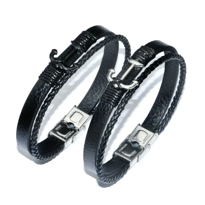 New Design Genuine Brown Black Leather Multilayer Combination Stainless Steel Anchor Luxury Men's Fashion jewelry