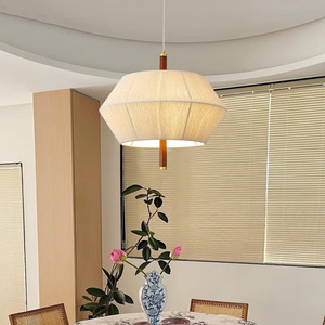 Japanese-Style Solid Wood Minimalist Bedroom Chandelier Vintage Woven Fabric Pendant <b>Light</b> for Living Study <b>Dining</b> Room Lighting - Product Image 2