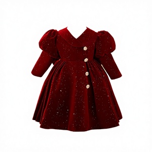 Girls Autumn Winter Crocheted <b>Velvet</b> Lace Puff Sleeve Princess <b>Dress</b> <b>Wine</b> Red Knee-Length for 3-8 Years Old Kids Clothes - Product Image 2