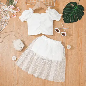 1238 여름 어린이 아기 소녀 옷 세트 어깨 프릴 T 셔츠 탑스 + 메쉬 레이스 반바지 스커트 의류 의상 세트