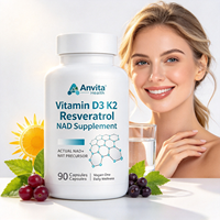 Capsules anti-âge tout-en-un Vitamine D3 K2 Resvératrol NAD, 90 unités, complément végétalien pour adultes, étiquette personnalisée OEM ODM