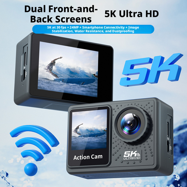 5K Dual Screen Action Camera 30M Waterproof EIS Stabilization Sports Camera for Outdoor