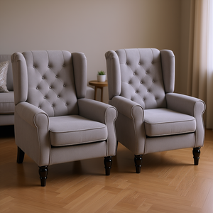 Sillones Grises Acolchados con Respaldo de Ala, Juego de 2 Sillas de Tela para Sala de Estar, Diseño Tradicional con Patas de Madera - Product Image 2