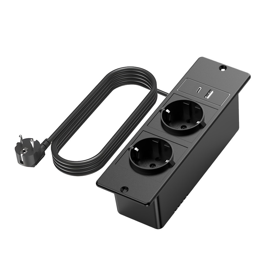 สีดำ-2 * ปลั๊กไฟ AC + 1 * USB-A + 1 * USB-C-EU