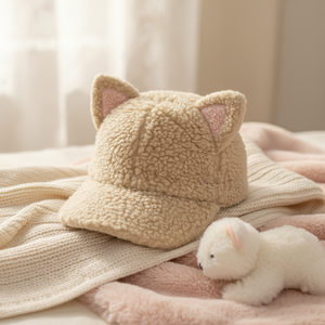 Weiche, warme Baseballmütze für Kleinkinder, cremefarben, rosa, Polarfleece, Katzenohrenmütze, niedliches Tierdesign für das tägliche Spielen im Freien - Product Image 2