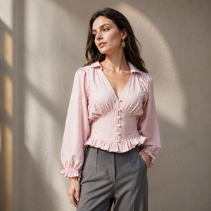 Women's Pink Linen Blouse With Ruffles Balloon Sleeve Turn-down Collar Button Down Spring Summer Modern Romantic Style ODM OEM - Product Image 4