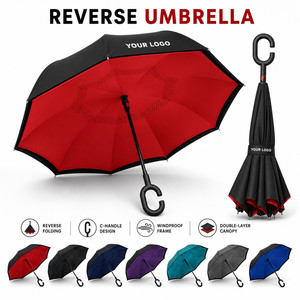 Custom Logo Double Layer Inverted Reverse <b>Umbrella</b> C-Shape Handle Windproof Self-Standing <b>Large</b> <b>Umbrella</b> for Rain Car Travel - Product Image 1