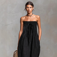 Combinaison midi ample sans bretelles en mélange de lin pour femme, coupe large, minimaliste, pour l'été, avec cordon de serrage, couleur unie