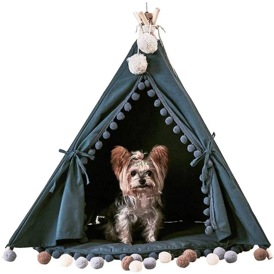 Pet Teepee House Indian Tents Wood Canvas Teepee Fold Away Pet Tent Furniture Cat Bed