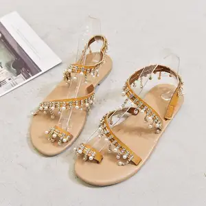 2022 sıcak satış kadın Femme sandalet mücevherli boncuk ayak baş parmağı yüzüğü bayanlar için düz sandalet