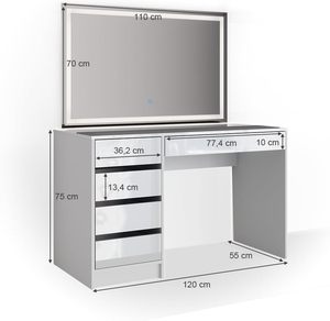 Table de toilette moderne blanche avec miroir LED, tiroirs de rangement, bois, table de maquillage pour chambre à coucher avec miroir éclairé - Product Image 2